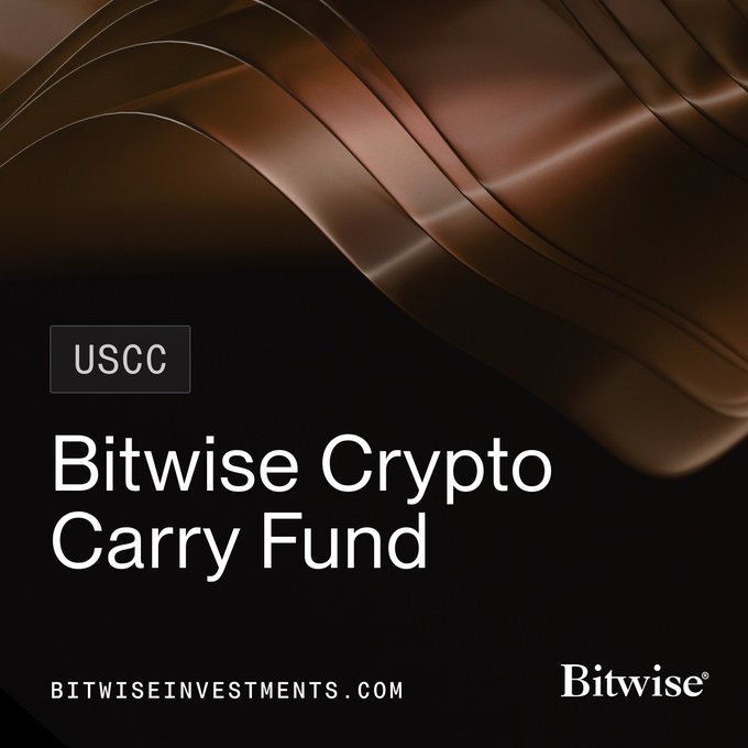 This advertisement for a cryptocurrency fund highlights Bitwise Crypto Carry Fund, with its investment amount of $250M AUM available over 30 days. The USCC symbol indicates that this investment falls under the regulated US Securities Act, as required by the laws. The image also includes the words "BITWISE" and "Crypto Carry Fund," which suggests that this fund uses the crypto currency market to generate returns for investors. Bitwise is a well-known cryptocurrency exchange, and its name is incorporated into the advertisement's title.