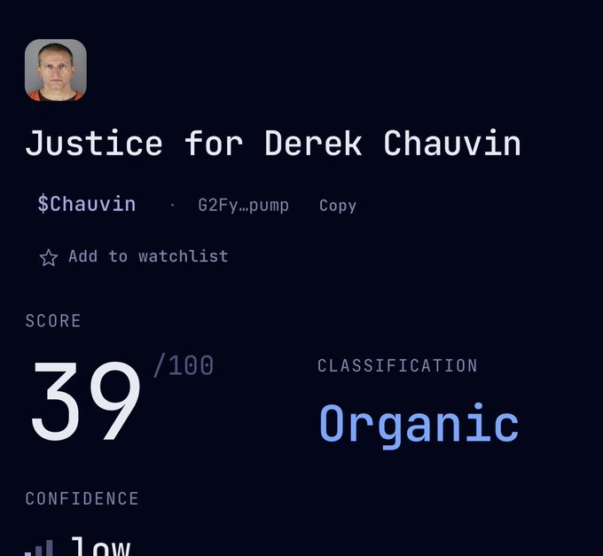 A dark-themed digital interface showing a profile named "Justice for Derek Chauvin" with a ticker of "$Chauvin", a score of 39/100, and a classification of "Organic".
