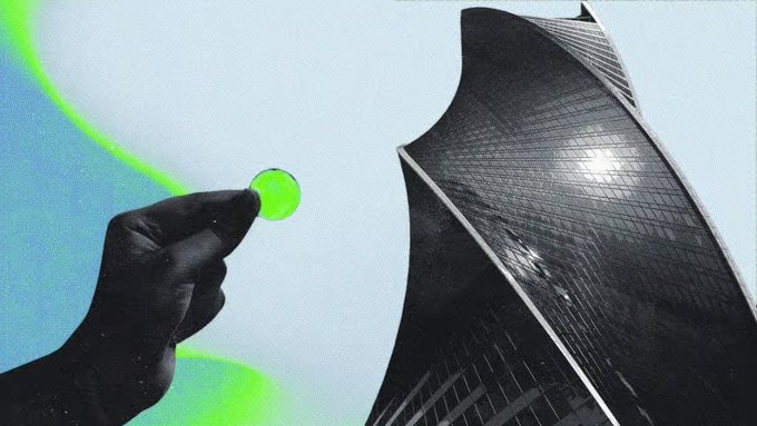A hand holds a glowing green token against the backdrop of a modern skyscraper, symbolizing the new era of tokenized stocks and Treasurys being tested by DTCC, including assets from JPMorgan, Microsoft, Circle, and SPY.