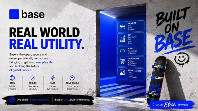 A promotional banner for 'base' cryptocurrency featuring the text 'REAL WORLD REAL UTILITY' and 'BUILT ON BASE,' highlighting features like Open, Secure, Fast, and Composable, with a skateboard and creator credit to Elise (hiwhitex).