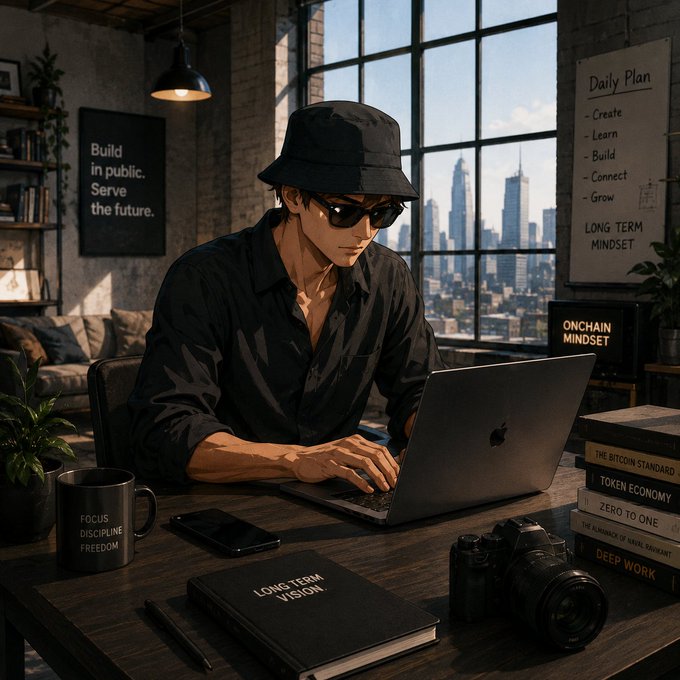 An anime-style illustration of a man in a bucket hat and sunglasses working on an Apple laptop in a loft with a city view, surrounded by crypto-themed books and signs like "ONCHAIN MINDSET" and "LONG TERM VISION".