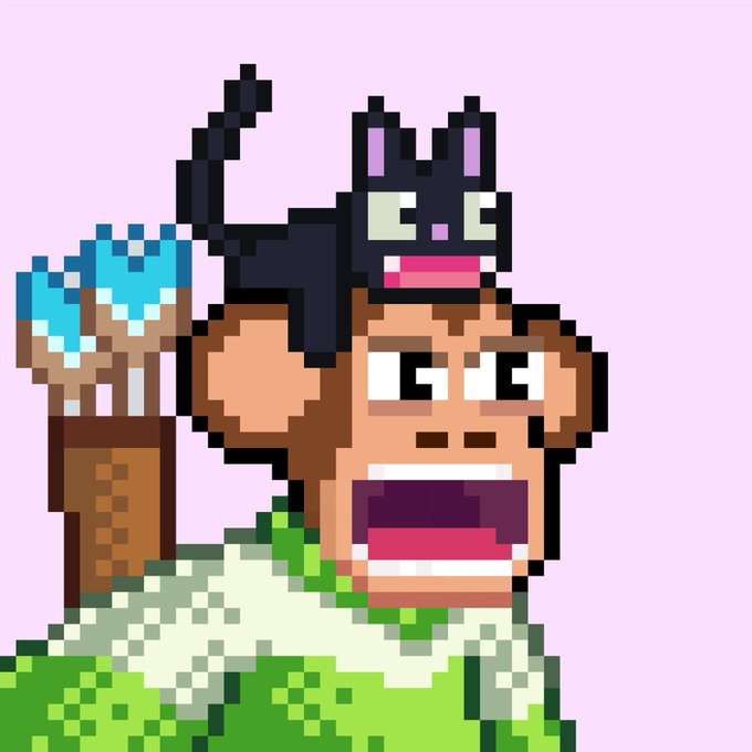 A pixel art illustration of a surprised-looking monkey character with a wide-open mouth, wearing a green shirt, while a black cat with pink eyes sits on its head against a pink background.