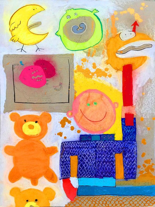 A vibrant mixed-media children's artwork features whimsical characters including a crescent moon, green monster, orange fish-like creature, a framed pink monster drawing, teddy bears, and a smiling figure in a blue sweater holding a red object, embodying the playful monster-filled theme of "Where Monsters Play." The piece is available as a digital artwork on SuperRare.