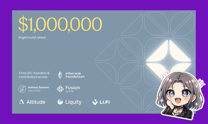 A promotional graphic announcing a $1,000,000 angel round raised from 30+ founders and contributors, featuring logos of backers including Ethereum Foundation, Anthony Sassano (Daily Gwei), Fusion by SPQR, Altitude, Liquity, and LI.FI, with an anime character illustration in the corner.
