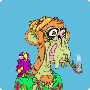 A cartoon illustration of a wide-eyed monkey wearing a green floral Hawaiian shirt and smoking a pipe, with a small pink and yellow bird perched on its shoulder against a blue background.