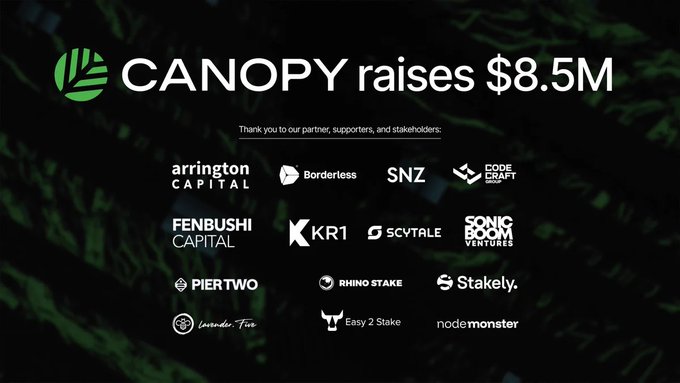 An announcement graphic reading 'CANOPY raises $8.5M' thanking partners including Arrington Capital, Borderless, SNZ, Code Craft, Fenbushi Capital, KR1, SCVTALE, Sonic Boom Ventures, Pier Two, Rhino Stake, Stakely, Cardano Fund, Easy 2 Stake, and nodemonster.