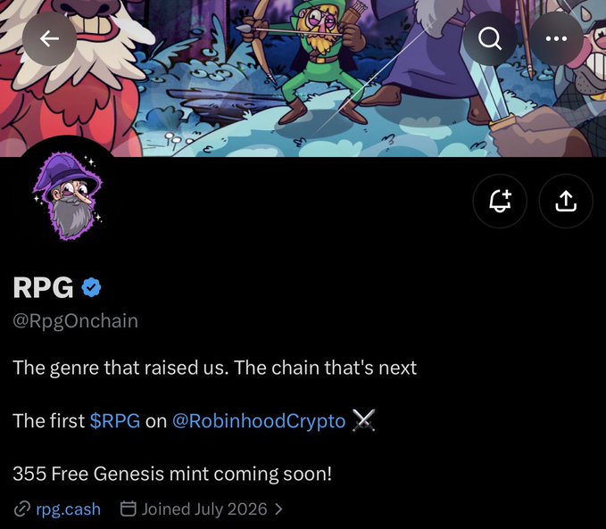 A screenshot of the verified X profile **RPG (@RpgOnchain)** shows fantasy artwork and the post: “The first **$RPG** on **@RobinhoodCrypto**,” with **355 Free Genesis mint** coming soon. It also links to **rpg.cash** and notes “Joined July 2026,” matching the post’s mention of a 355-supply free mint on Robinhood.