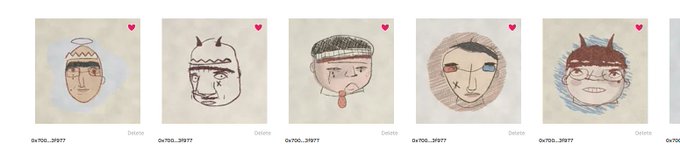 A row of four crudely drawn digital NFT portraits of faces with various hats and expressions, each marked with a heart icon and labeled '0x705...31977'.