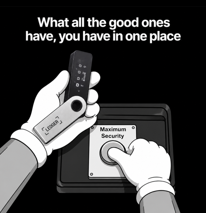 Ledger crypto hardware wallet advertisement reading 'What all the good ones have, you have in one place' showing hands holding the device.