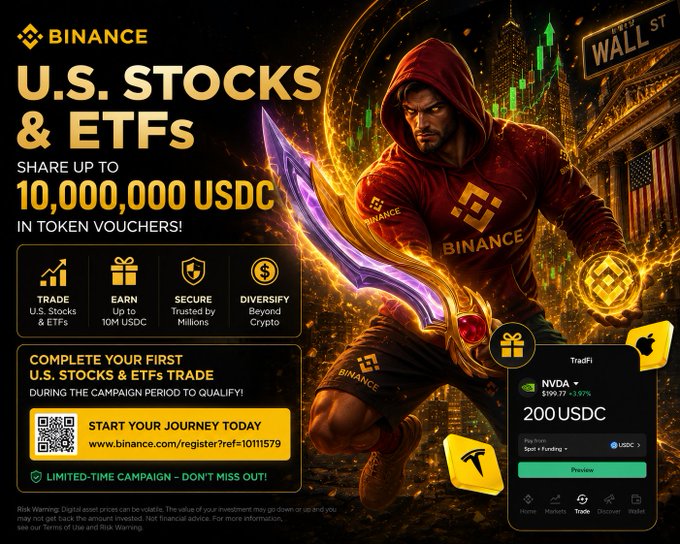 The image presents a poster for an advertisement by Binance, which shows someone holding up a sword with their fist raised while standing next to a building adorned with flags and a large building that appears to be part of the US stock market depicted on a map below. The text on the poster says "Binance U.S Stocks & ETFs share up to 10,000,000 USDC in token vouchers!". This advertisement promotes trading of cryptocurrencies alongside traditional stocks and ETFs.