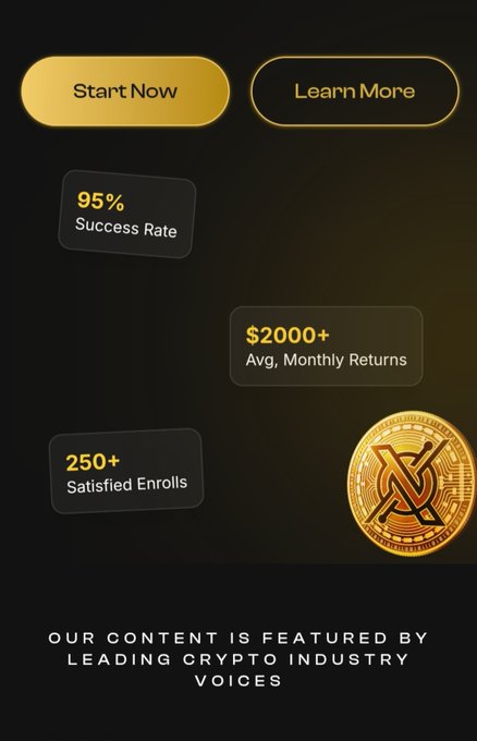 The image promotes a crypto service with two buttons ("Start Now" and "Learn More"), highlighting a 95% success rate, $2000+ average monthly returns, and 250+ satisfied enrolls, alongside a gold XRP coin graphic and text stating the content is featured by leading crypto industry voices. It supports the post's emphasis on understanding utility coins like XRP beyond just price charts by framing a program that teaches such fundamentals for profit.