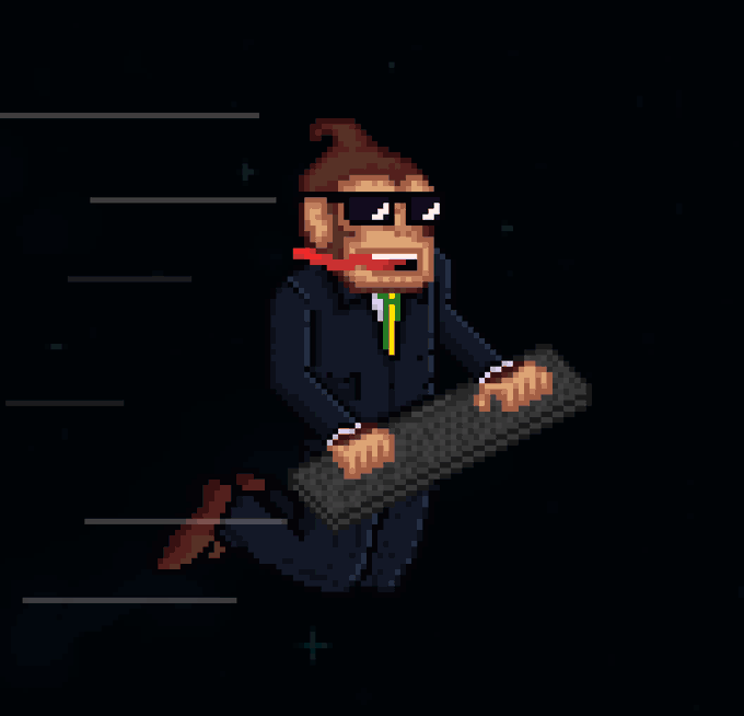 Pixel art animation of a cartoon character in a dark suit, sunglasses, and yellow tie running while carrying a large weapon or object against a dark background with motion lines.