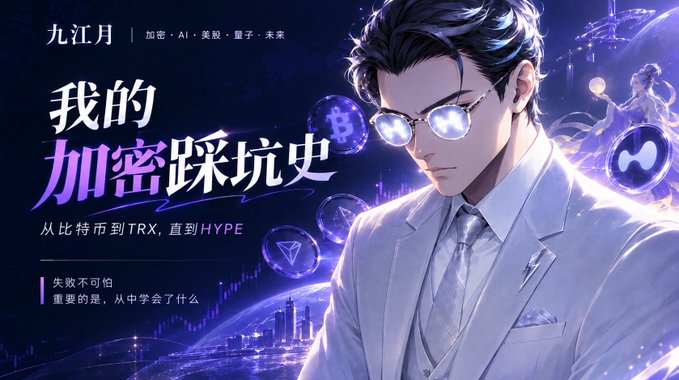 A digital illustration featuring a man in glasses with a blue and purple color scheme, with Chinese text reading '九江月', '我的加密踩坑史', and '从比特币到TRX, 直到HYPE', along with logos for Bitcoin and other cryptocurrencies.