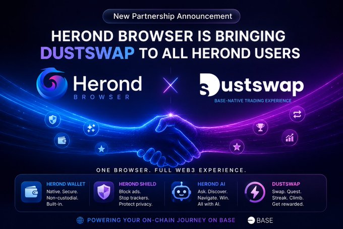 The image features a promotional poster for a partnership between Herond Browser and Dustswap OnBase. The poster showcases the browser's capabilities and the benefits of using their platform for blockchain trading and user accessibility. The text on the poster highlights that Herond Browser is bringing Dustswap to all users, emphasizing the collaborative nature of this partnership.