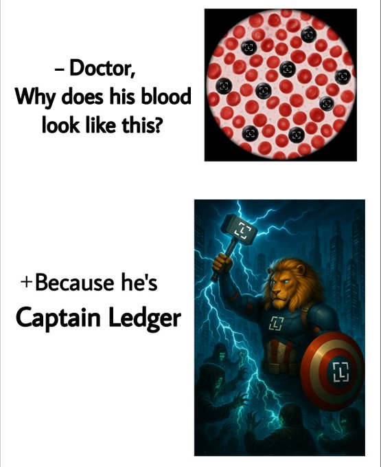 The image is a two-panel meme with text reading "– Doctor, Why does his blood look like this?" above a microscope view of red blood cells with dark circular symbols replacing normal cells, followed by "+Because he's Captain Ledger" above an illustration of a lion-headed superhero wielding a hammer and shield, both emblazoned with the Ledger logo. The meme playfully ties into the post by humorously suggesting the character's blood is "powered by Ledger," referencing Ledger crypto wallets with both the nano-sized symbols in the blood cells and the superhero iconography.