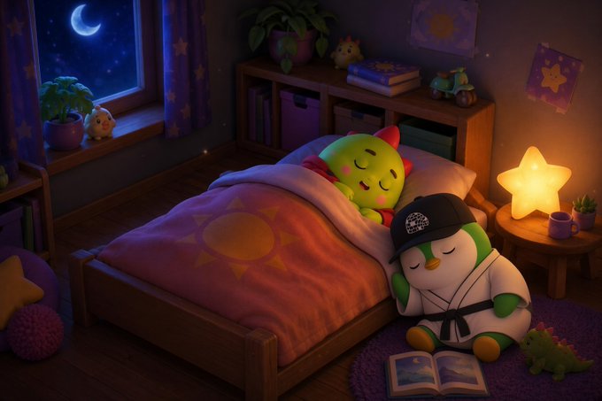 A cozy 3D-rendered bedroom scene at night showing a green dinosaur plush toy sleeping in a bed with a sun-patterned blanket, a moonlit window, a star-shaped lamp, and a small open storybook on a rug.