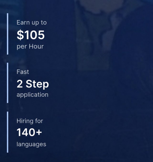 A promotional graphic advertising a work-from-home opportunity paying up to $105 per hour, featuring a "Fast 2 Step application" process and "Hiring for 140+ languages." The design highlights key selling points in white text against a blue background showing a blurred world map, aligning with the post's mention of language selection flexibility and the simple two-step application.