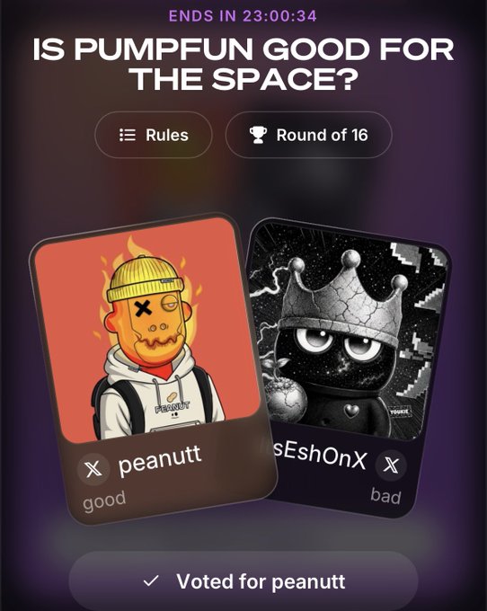 A mobile app screenshot for a voting competition titled "IS PUMP FUN GOOD FOR THE SPACE?". It displays two NFT character cards, with the user having voted for "peanut" in the "good" category.