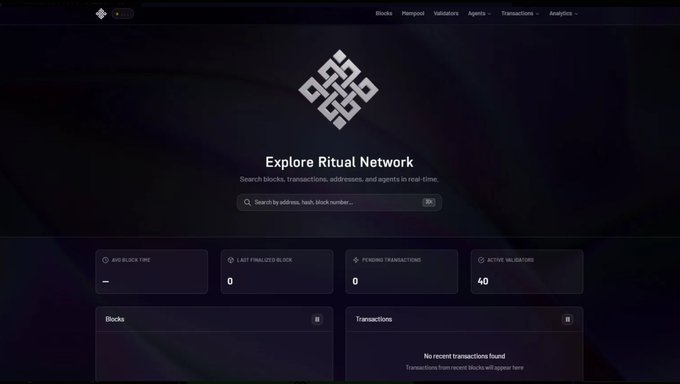 A dark-themed cryptocurrency block explorer website titled 'Explore Ritual Network' with a search bar, displaying stats including 0 blocks, 0 last finalized block, 0 pending transactions, and 40 active validators.