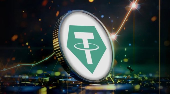 A 3D rendered Tether (USDT) cryptocurrency coin with its green and white logo, set against a dark background with digital particle effects.