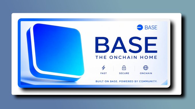 A promotional banner for Base, "The Onchain Home," featuring a blue gradient logo and tagline "Built on Base. Powered by Community," with icons highlighting its Fast, Secure, and Onchain features—visually reinforcing the post's message about Base App delivering a smooth, consistent experience across devices.