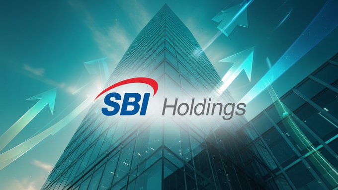 The image shows the SBI Holdings logo prominently displayed against a dramatic upward-angled view of a modern glass skyscraper, with glowing blue upward arrows symbolizing growth. This visual reinforces the accompanying news about SBI Holdings completing its majority acquisition of crypto platform Coinhako, highlighting the Japanese financial giant's expansion in digital assets across Southeast Asia.