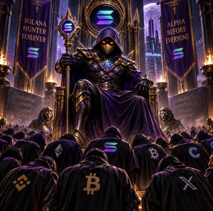 A hooded, armored figure sits enthroned on a grand gothic throne adorned with Solana (SOL) logos, surrounded by banners reading "SOLANA HUNTER FOREVER" and "ALPHA BEFORE EVERYONE," while hooded followers bearing other crypto symbols (BTC, ETH, BNB, XRP, ADA) bow before him beneath inscribed pillars declaring "DISCIPLINE VISION ALPHA FREEDOM" and "COMMUNITY OPPORTUNITY SUCCESS TOGETHER."

The image visually reinforces the post's boast of being an elite "Solana Hunter" with exclusive alpha access, depicting the author as a supreme, all-seeing figure whose devoted followers should simply trust his early calls.