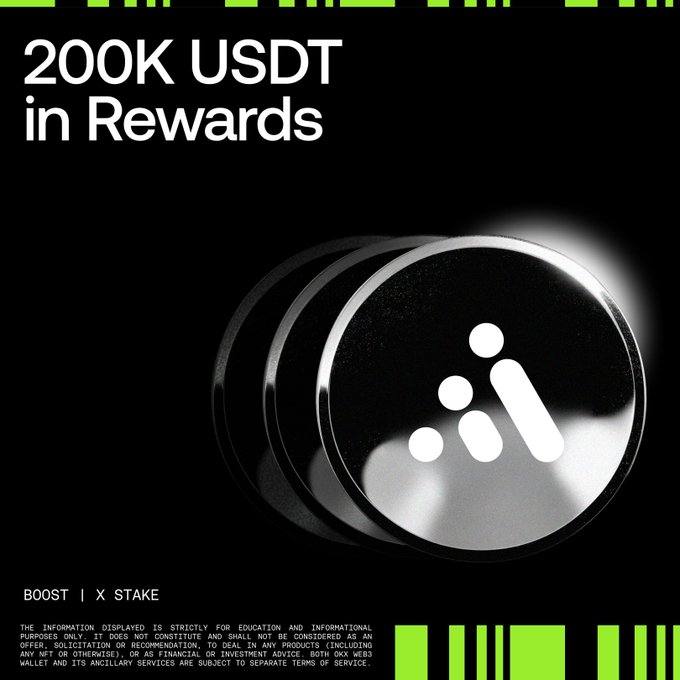 This image announces "200K USDT in Rewards" for a "BOOST | X STAKE" campaign, featuring a stylized logo that relates to the campaign. The promotion involves staking USDT0, OKB, xETH, and xBETH on OKX Web3.