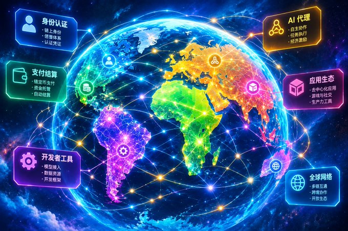 A vibrant digital illustration of a glowing, colorful Earth surrounded by interconnected nodes, with Chinese text boxes highlighting features like identity authentication, payment settlement, AI agent, developer tools, application ecosystem, and global network.