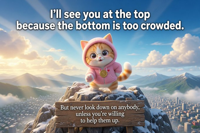 The image features a cartoon cat wearing a pink jacket, standing atop a mountain with a caption that reads "I'll see you at the top because the bottom is too crowded." The text also includes an inspirational quote about helping others.