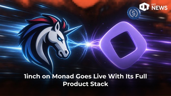 A promotional graphic with the OCT NEWS logo featuring a blue unicorn head and a purple diamond logo connected by an energy beam, with text reading "1inch on Monad Goes Live With Its Full Product Stack".