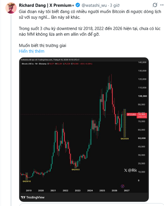 A Vietnamese tweet by Richard Dang (@watashi_wu) discussing market sentiment that people want Bitcoin to drop to 'ngược dòng lịch sử' (reverse historical trend), accompanied by a TradingView chart of Bitcoin/USD showing macro bottoms at Q4/2018, Q4/2022, and Q4/2026.
