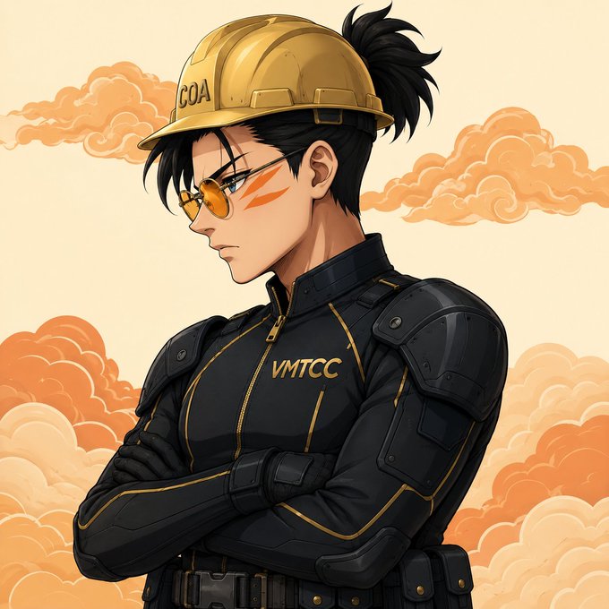 An anime-style illustration of a male character wearing a yellow hard hat labeled 'COA', orange glasses, and a black tactical suit with 'VMTCC' on the chest, standing with crossed arms against a cloudy sky.