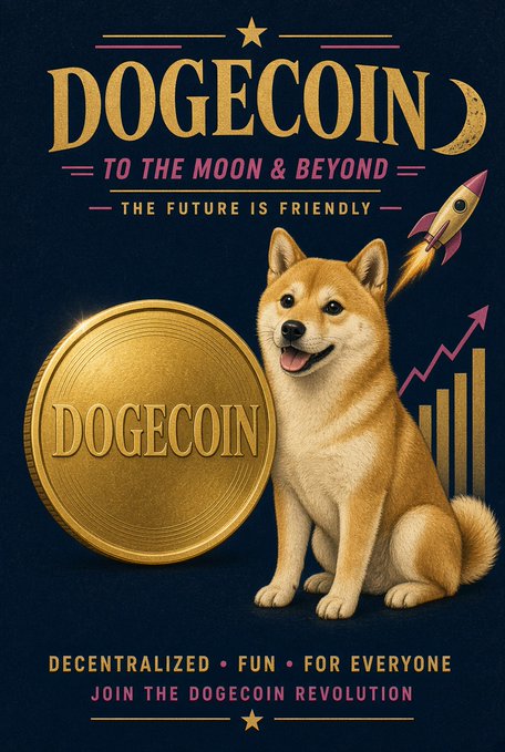A promotional poster featuring a Shiba Inu dog next to a Dogecoin coin, with text including 'DOGECOIN', 'TO THE MOON & BEYOND', 'THE FUTURE IS FRIENDLY', and 'JOIN THE DOGECOIN REVOLUTION'.