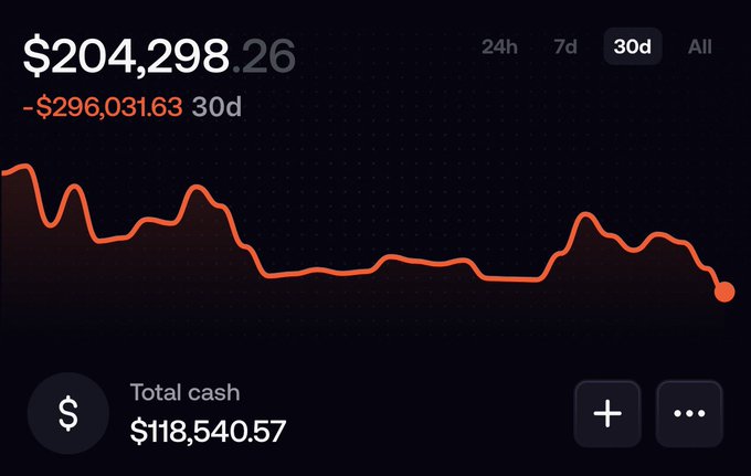 A screenshot of a cryptocurrency portfolio dashboard showing a balance of $204,298.26 with a 30-day loss of -$296,031.63, displayed alongside a red downward-trending line graph on a dark background.