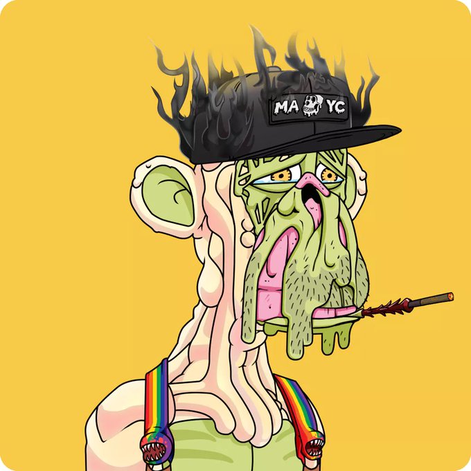 A cartoon illustration of a grotesque, melting zombie-like figure wearing a black hat that says 'MA YC' with a skull, rainbow suspenders, and smoking a spiked bat.