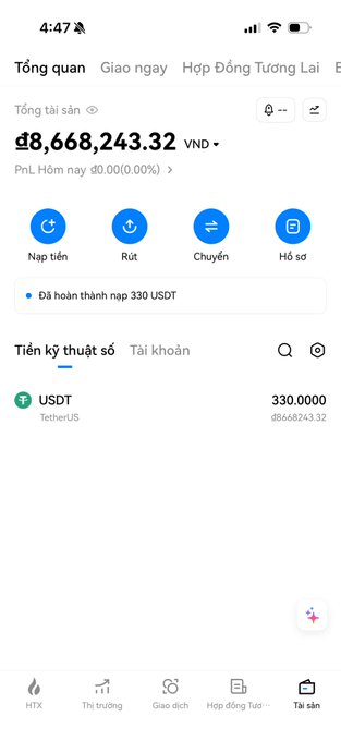 A Vietnamese cryptocurrency wallet app overview showing a total balance of 8,668,243.32 VND, with 330 USDT (TetherUS) held and a recent successful 330 USDT deposit notification.