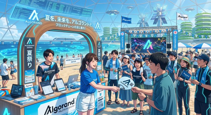 An anime-style illustration of an Algorand Japan ('ALGORAND JAPAN / 夏祭り') beach summer festival scene with a booth, a large screen displaying the Algorand logo, and crowds of people in branded apparel.
