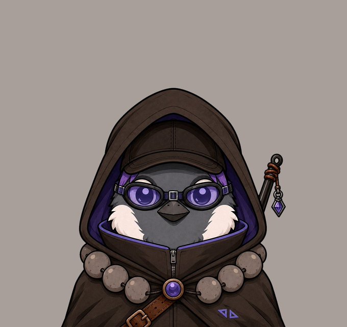 The image shows a digital illustration of a purple penguin character wearing a brown hooded cloak, goggles, and a beaded necklace, while holding a staff with a crystal ornament. The post mentions Ethereum trading at $2,000, with the cartoon likely serving as a mascot or logo image related to that content.