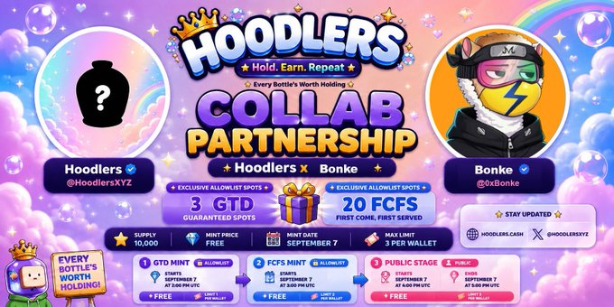 A colorful promotional banner for a 'HOODLERS COLLAB PARTNERSHIP' with Bonke, featuring exclusive allowlist spots for GTD and FCFS mint stages starting September 7 at varying PHUTC times.