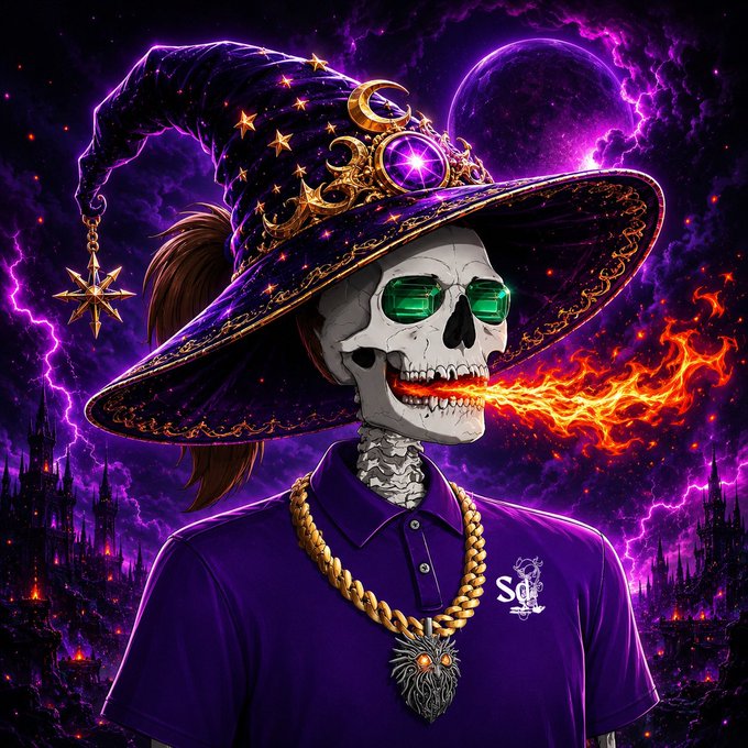 A vibrant digital artwork of a skeleton wearing an ornate purple wizard hat with stars and a purple polo shirt, breathing fire while wearing green sunglasses and a gold chain, set against a purple cosmic background with castles.