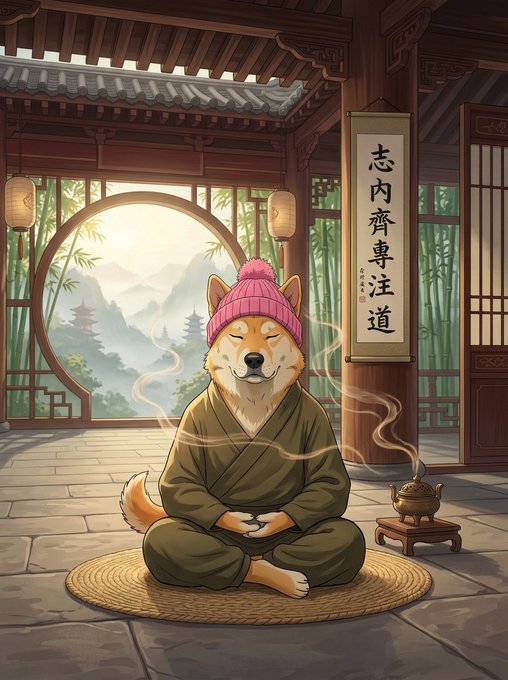 An illustration shows a Shiba Inu dog wearing a pink beanie and olive robe, sitting in meditation pose on a tatami mat with an incense burner and a scroll reading '志内齋專注' nearby.