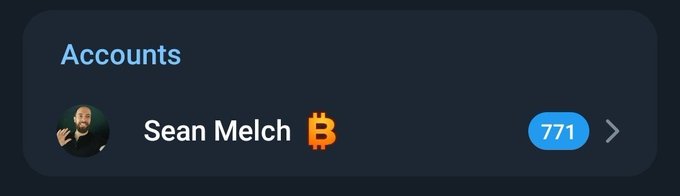 A dark-themed accounts list interface showing a profile for 'Sean Melch' with a Bitcoin logo and the number '771' in a blue button.