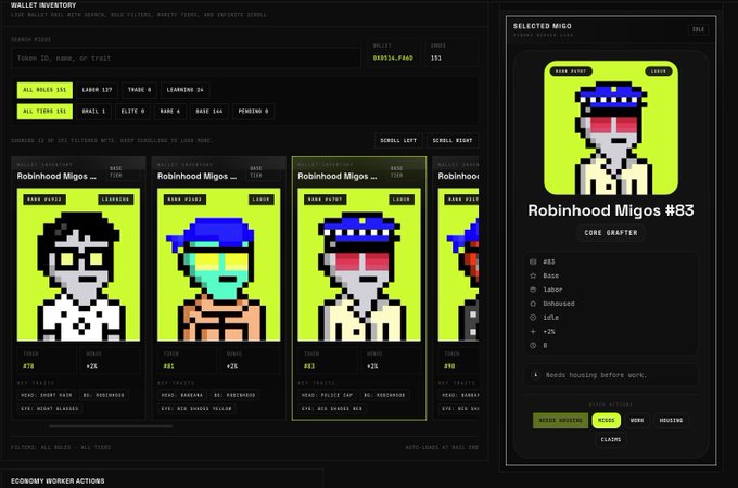 A dark-themed NFT inventory interface displaying pixel-art "Robinhood Migos" character cards with attributes like "Base," "Labor," and "Onboarded," with the #83 card selected.