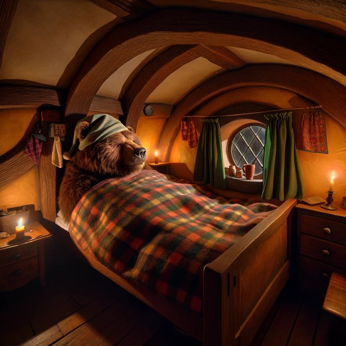 A cozy fantasy illustration of a bear wearing a nightcap tucked under a plaid blanket in a wooden, lantern-lit hobbit-style bedroom.