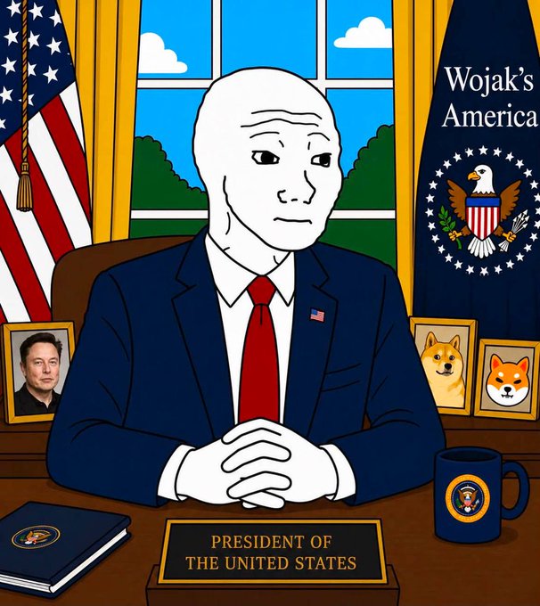 The image is a cartoon-style "Wojak's America" illustration showing a bald Wojak figure sitting at the Presidential desk in the Oval Office, with a "PRESIDENT OF THE UNITED STATES" nameplate, flanked by framed photos of Elon Musk and two Shiba Inu dogs, with a presidential mug and blue book on the desk. The image humorously visualizes the post's declaration of taking office, with the meme president's first order of business being to establish a strategic crypto stockpile featuring $ETH, $PEPE, and $WOJAK.