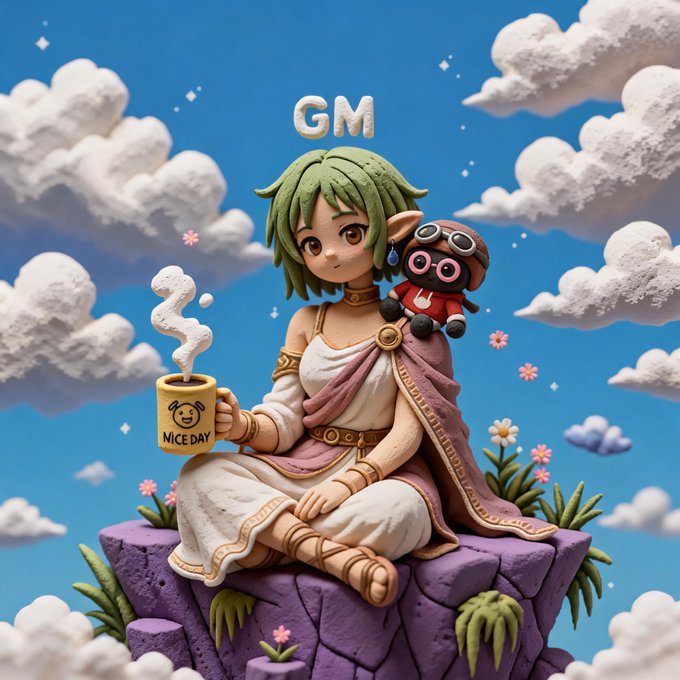 The image features a cartoon girl sitting on top of a rock, holding a cup of coffee. The background shows a sky filled with clouds, giving the scene a dreamy atmosphere. There are also flowers visible in the image, adding a touch of nature to the scene. The caption provided is related to a post about "Good morning if you Gm Most people focus on rewards, but the bigger picture is how infrastructure is evolving behind the scenes by @useTria". This suggests that the girl and her coffee are part of an online community or platform where users can earn points for their participation in certain activities. These points can then be used to access Mystery Boxes, which contain additional content or rewards. The post emphasizes the importance of user engagement and how it contributes to the overall growth and evolution of infrastructure within the digital world.