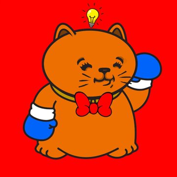 A cartoon illustration of an orange cat character wearing blue boxing gloves and a red bowtie, with a lightbulb above its head on a red background.