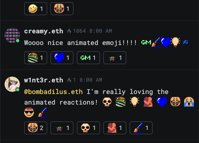 Discord messages from users creamy.eth and w1nt3r.eth reacting enthusiastically to animated emojis with GM, frog, skull, and blue heart reactions.
