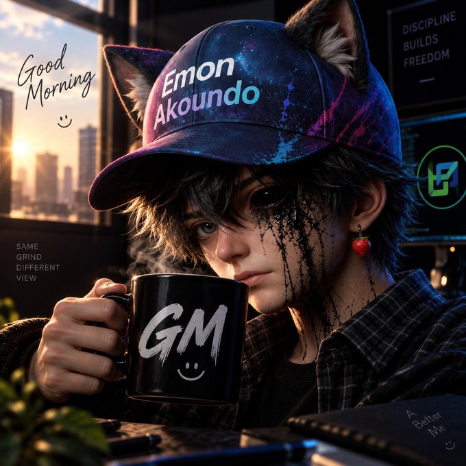An anime-style digital illustration of a character with cat ears and a galaxy-print cap labeled 'Emon Akoundo,' holding a 'GM' mug with a 'Good Morning' greeting and motivational text like 'DISCIPLINE BUILDS FREEDOM' and 'SAME GRIND DIFFERENT VIEW.'